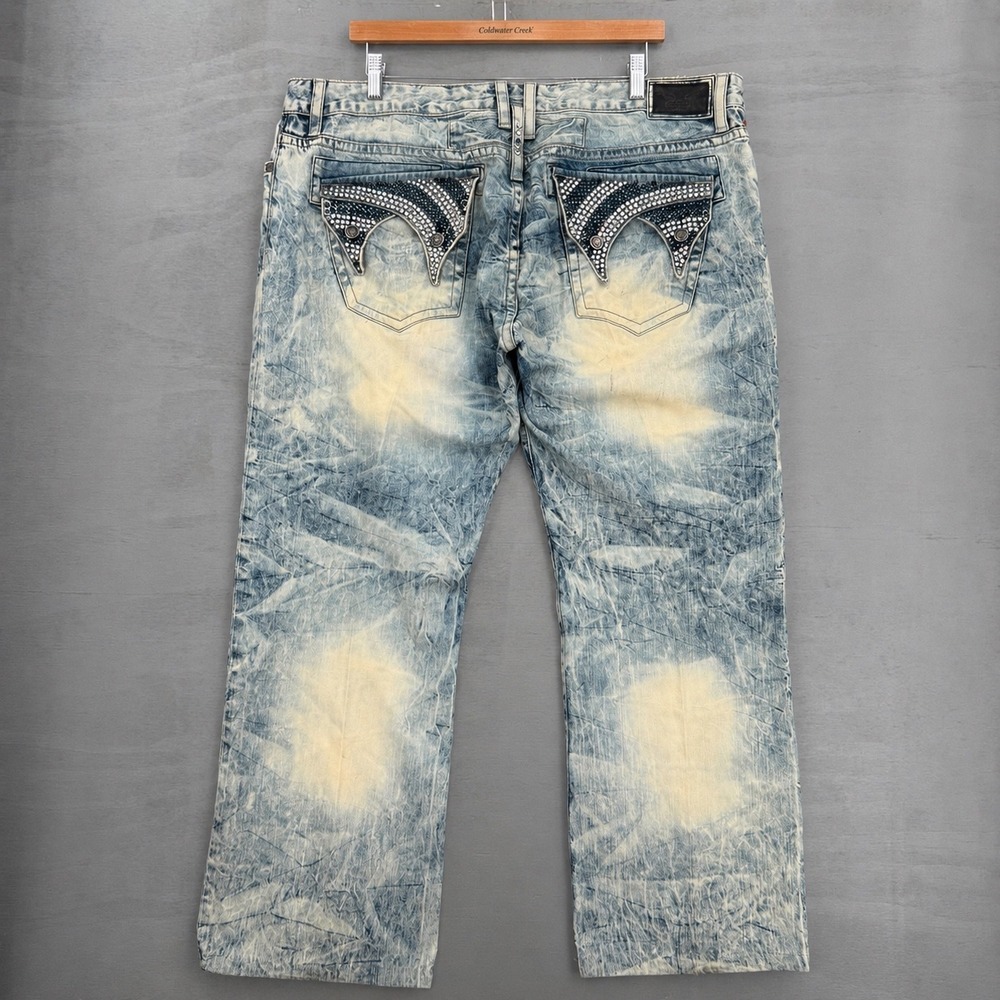 Robin's Jean Straight Leg Jeans Light Blue Acid Wash Rhinestone Wings 44 x 30